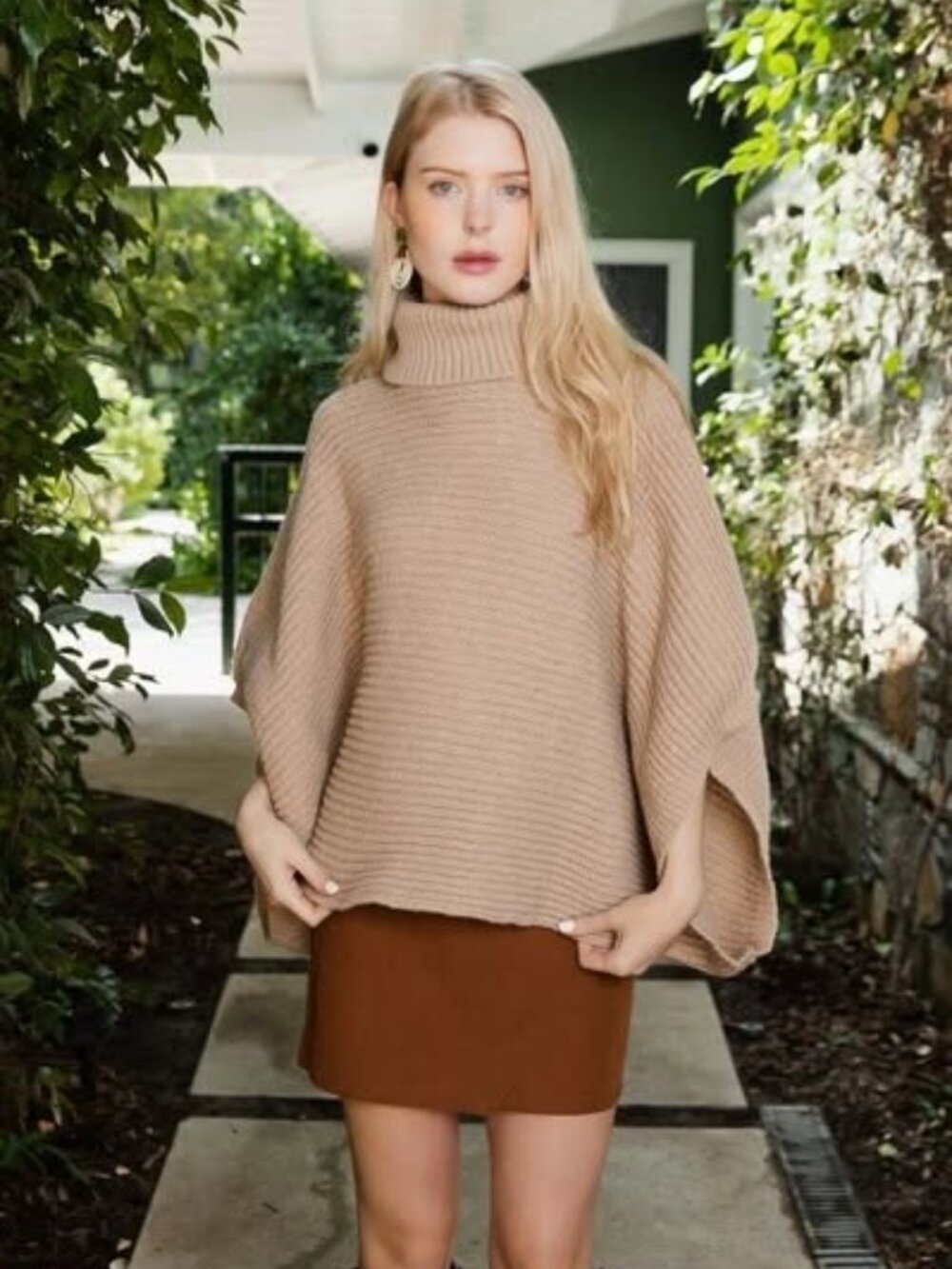 Beige Camel Turtleneck Poncho Sweater